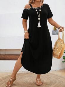 Breezaya 大码女式不对称肩部珍珠装饰休闲连衣裙