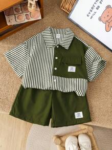 SHEIN 2pcs/Set Young Boys Comfortable Daily Versatile Loose Fit Korean Fashion Stripe Shirt And Contrast Shorts Set, Suitable For Spring/Summer, For Daily, Sports, Outings, School, Parties, Holidays, Photoshoots, Back-To-School