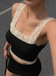 DAZY Sexy Fitted Sheer Lace Contrast Patchwork Camisole For Women Tank Tops