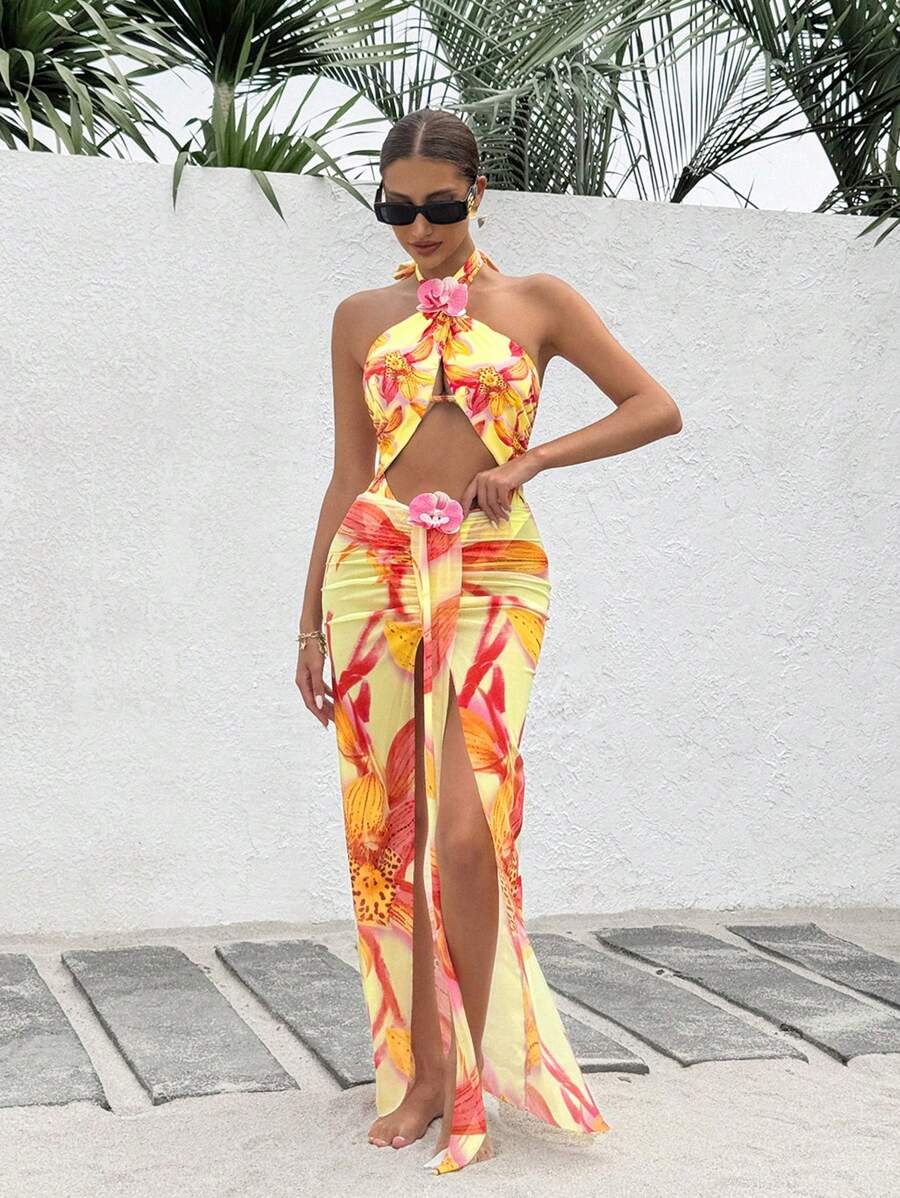 Swim Vcay 2 件套春季满印随机花卉 3D 图案露背高开叉裙子女士沙滩装套装 - 彩色 - 查看 1