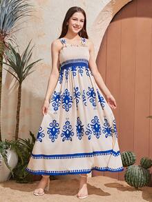2pcs/Set Teen Girl Traditional Arab Outfit, Geometric Floral Print Elegant Spaghetti Strap Maxi Dress & Cropped Knit Bubble Sleeve Jacket, Suitable For Spring, Autumn, Summer - Multicolor - View 4