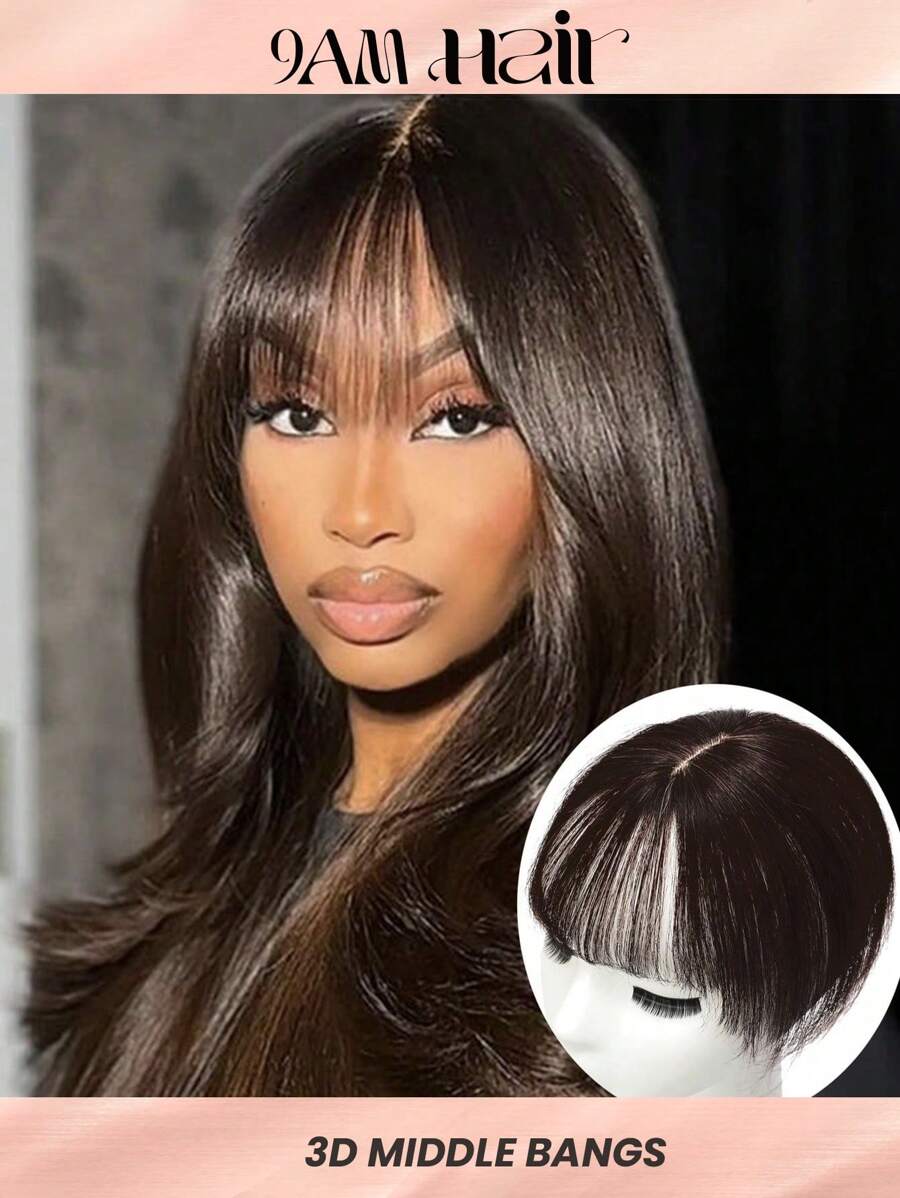 Base de seda Cabello humano virgen Topper Marrón oscuro Postizo superior Flequillo de aire Primeros rectos con flequillo Postizo superior para mujeres Color marrón - S4 - Ver 1