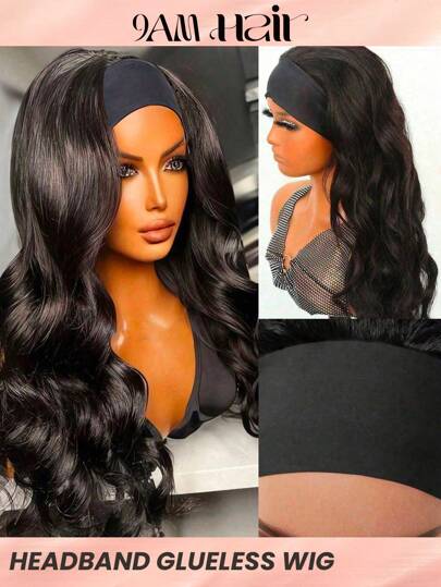 Body Wave Headband Wig Human Hair Wigs With Head Band  Affordable Hair Replacement Headbands Wig Ready Wear To Go Daily Use Natural Black Color