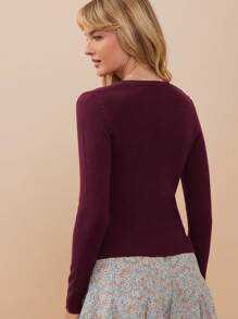 WESTFADE Summer Crewneck Button Front Long Sleeve Cardigan Sweater - Burgundy - View 4