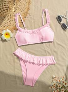 Swim Mod Women's Summer Beach Solid Color Ruffled Sexy Bikini Swimwear Set - Baby Pink - View 3