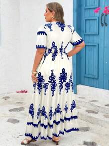 SHEIN Clasi Plus Size Women Floral Print V-Neck Short Sleeve Ruffle Hem Dress, Vacation Style - Blue and White - View 2