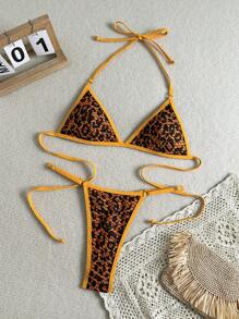 Swim EVENT Women's Sexy Summer Music Festival Beachwear Set, Hollow Textured Leopard Print Fabric Contrast Color Splice Bikini Set - Orange - View 7