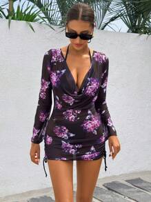 3pcs/Set Women Swimming Suit, Bikini Set With Coverup, Long Sleeve Cover Up, Digital Printing, Beach, Swimming Pool, Vacation, Party, Spring/Summer - Black - View 5