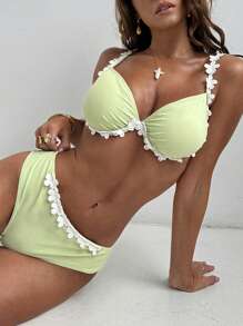 Bikini con reggiseno push-up a fiori verdi, costumi da bagno