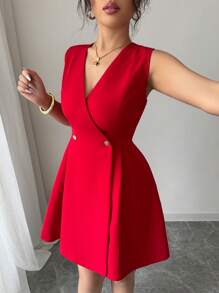 Elenzga Vestido corto rojo de mujer con cuello cruzado en V, sin mangas, estilo línea A, elegante y casual para primavera y verano, con botones dorados metálicos, ideal para vacaciones o ir al trabajo - Rojo - Ver 6