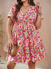 SHEIN LUNE Plus Size Bright Ditsy Floral V-Neck Short Dress Plus Size Summer Dresses For WomenVacation Dress Wedding Clothing Birthday Outfits For Women Women Clothing Vacation Wedding Guest Dress - Hot Pink - View 5