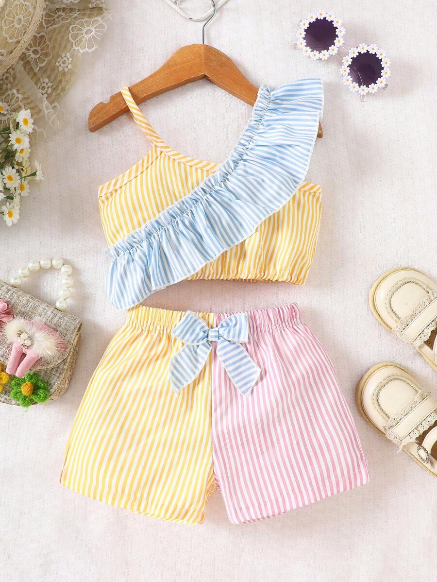 SHEIN Vintaside Kids Baby Girl Vacation Casual Colorblock Striped Ruffle Hem Top And Shorts Set - Yellow - View 1