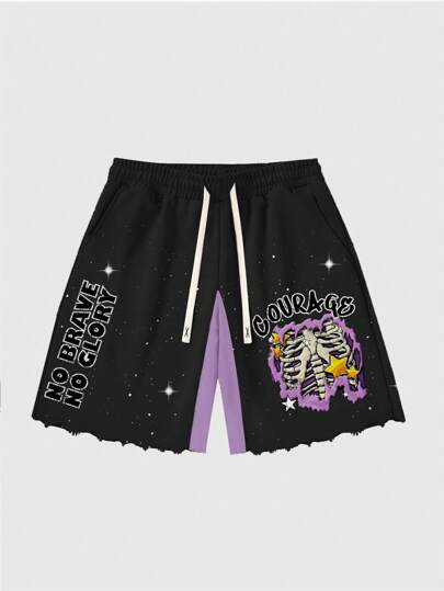 Street Life Men's Contrast Color Blocking Skull & Letter Print Shorts