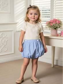 SHEIN Shorts pour bébés filles, style coréen décontracté, mignons à carreaux bleus avec décoration de boutons, convenant à diverses occasions, été