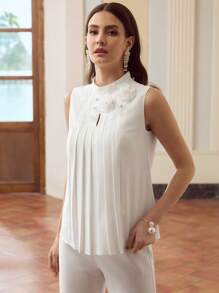 ZEYLAH Women 3D Floral Pleated Blouse, Solid Color, Minimalist, Suitable For Summer - Beige - View 5