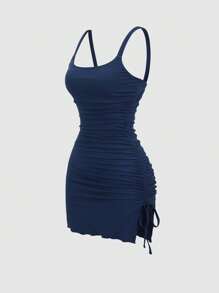 Sweetra Rochie midi casual Y2K, sexy, cu tivul asimetric cu cordon