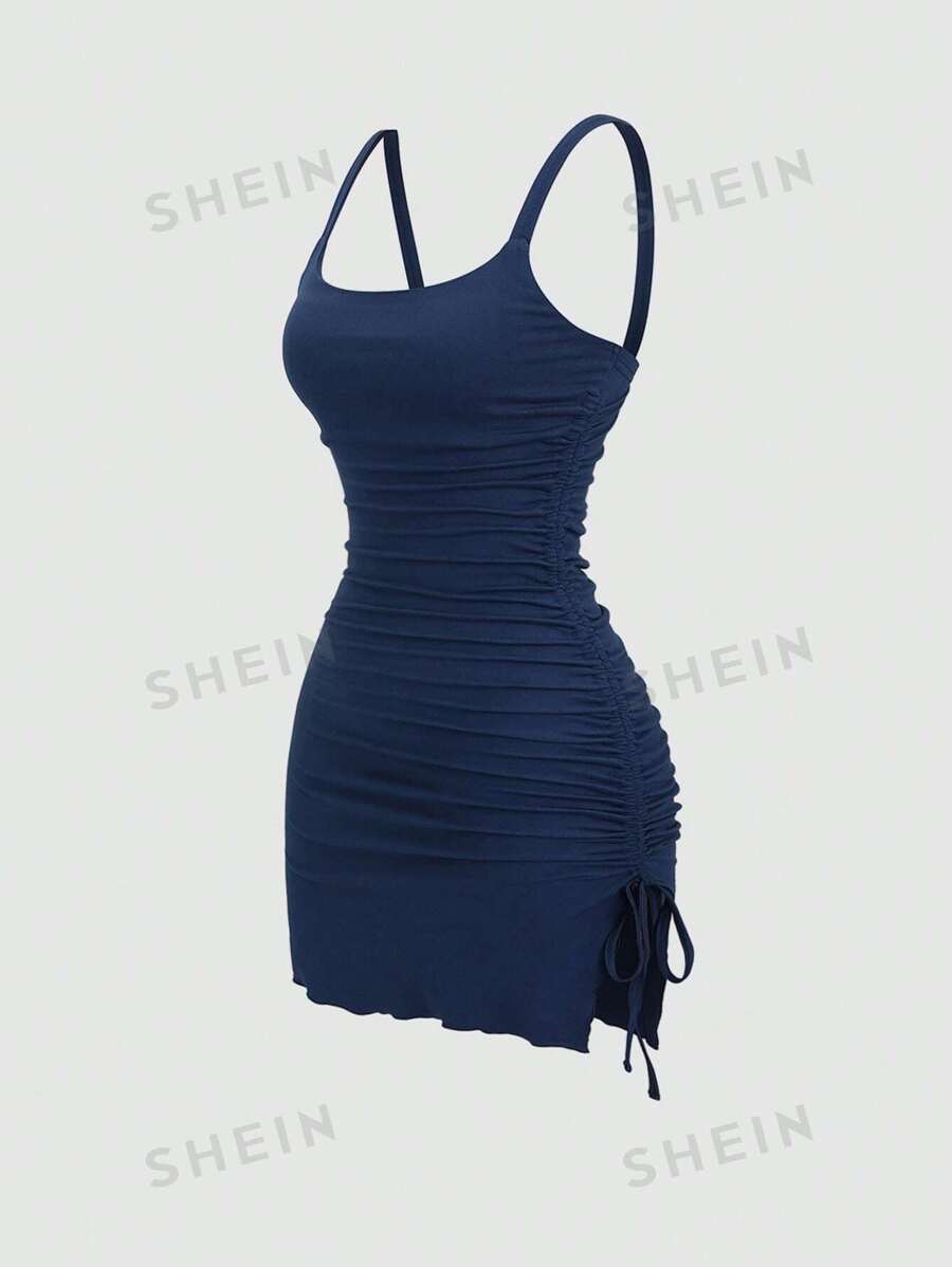 Sweetra Rochie midi casual Y2K, sexy, cu tivul asimetric cu cordon