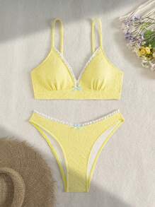 SHEIN Swim 2pcs/Set Summer New Women Floral Embroidered Layered Crop Top & Shorts Beach Outfit - Yellow - View 1