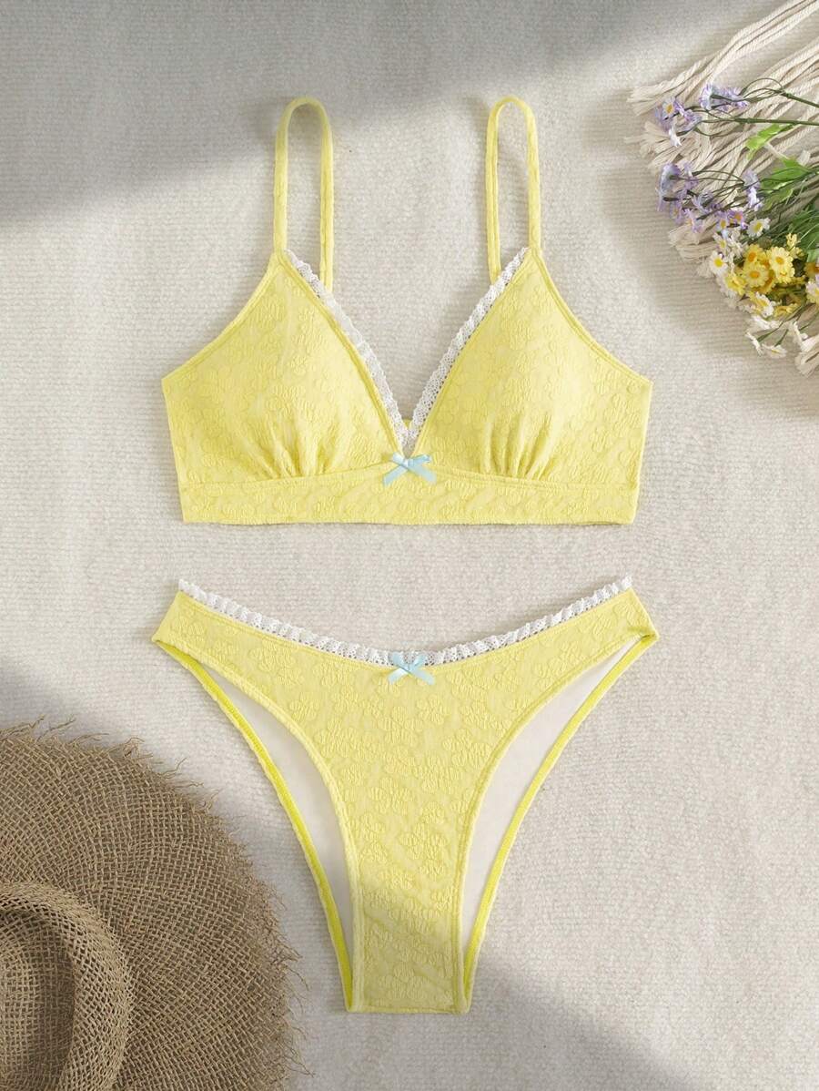 SHEIN Swim 2pcs/Set Summer New Women Floral Embroidered Layered Crop Top & Shorts Beach Outfit - Yellow - View 1