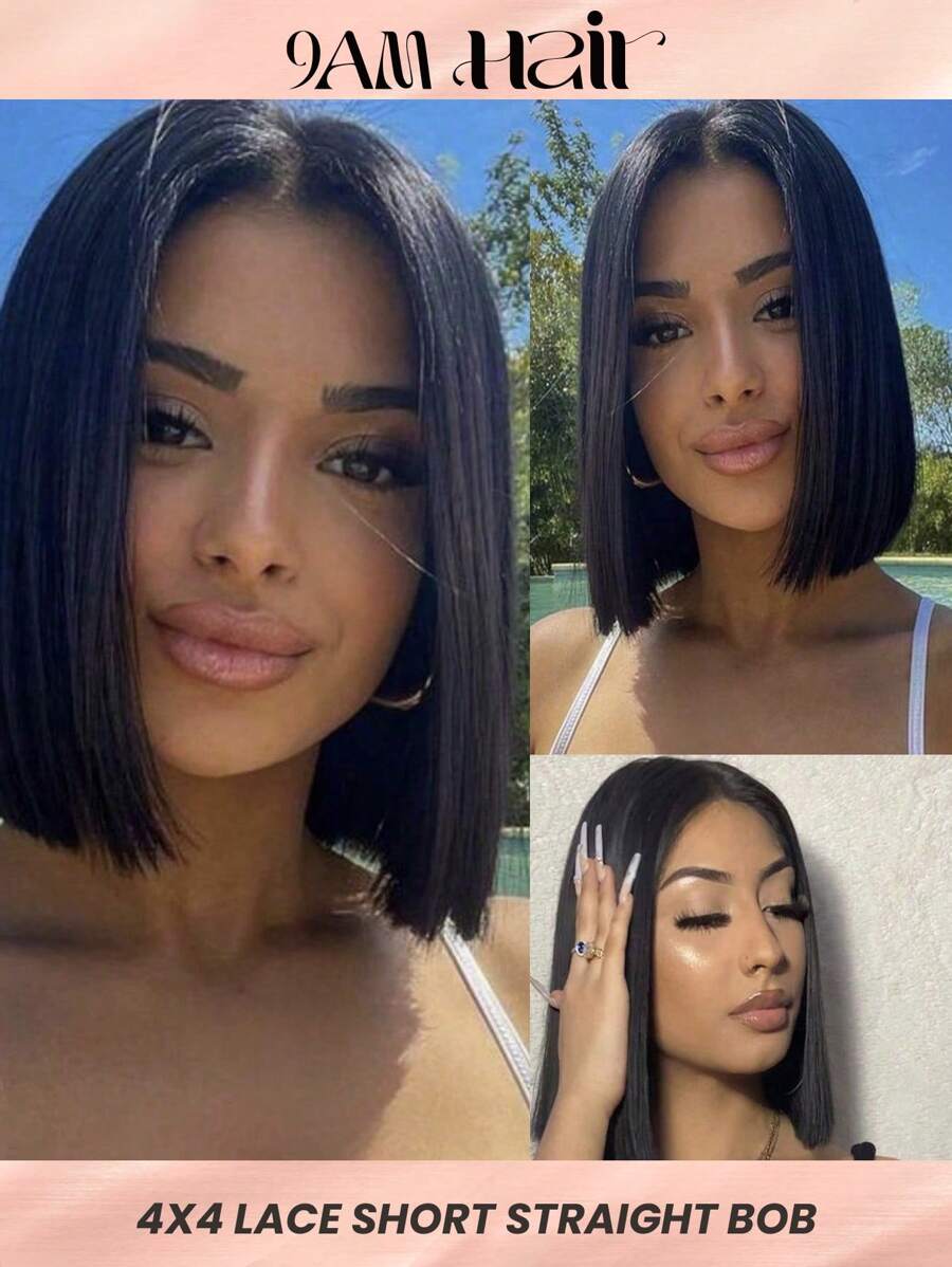 Natural Black Straight Bob 4 X 4 Lace Closure Wig Natural Hairline Human Hair Wig Short Straight Hair Replacement Wigs 8-14 Inch - Natural Black - View 1
