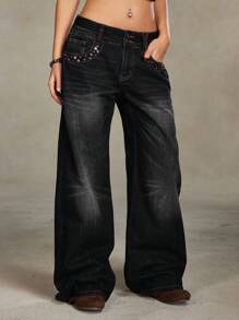 ROMWE Grunge Punk Retro Streetwear Distressed Rivets Design Women Loose Low-Waist Flare Jeans, Black - Black - View 5