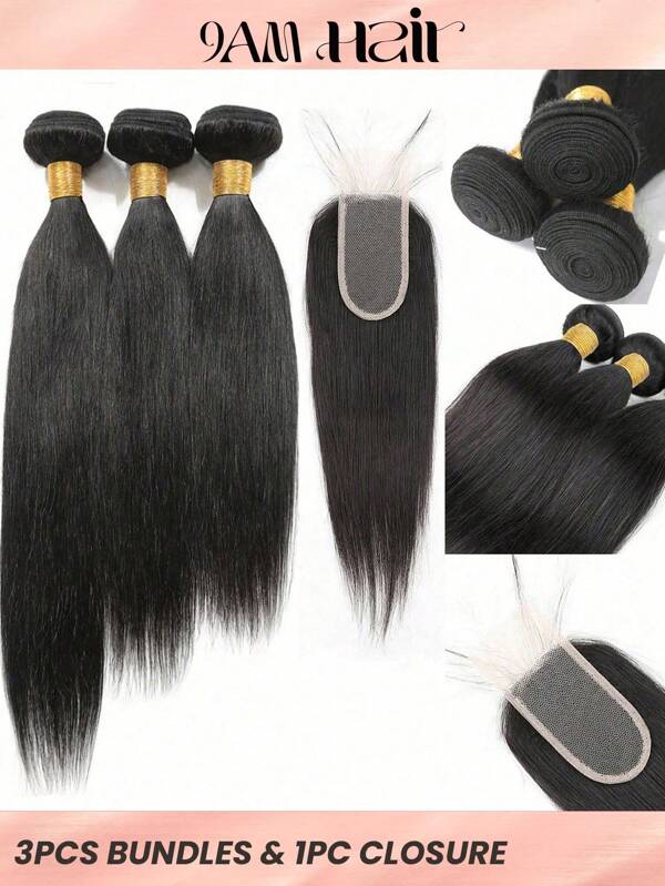 4pcs 2 X 4 Lace Closure Straight Human Hair Bundles With Closure Virgin Hair Extension Closure And 3 Bundles Real Double Weft Hair Weave Cheap Hair Daily Use Natural Black Color