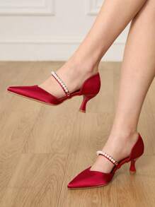 CUCCOO HITCHD 女士尖头复古刺绣时尚后带高跟鞋 - 酒紅色 - 查看 5
