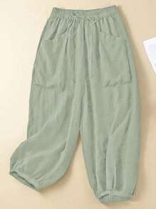 SHEIN Pantalones de tobillo informales de talla grande con cordón en unicolor - verde menta - Ver 4