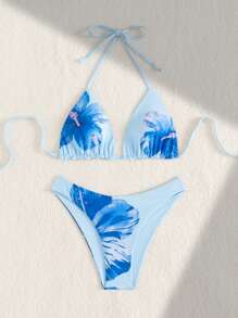 Swim Mod Conjunto de top halter sin espalda con estampado multicolor y Bottom de bikini estampada lindo para vacaciones de primavera - Multicolor - Ver 4