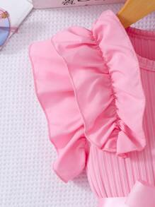 Glamorique Kids 年轻女孩荷叶边盖袖条纹网眼圆领公主夏季休闲连衣裙（配腰带） - 粉色 - 查看 5