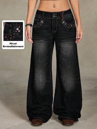 Grunge Punk Jeans acampanados holgados de cintura baja con diseño de remaches desgastados de estilo retro y urbano, color negro
