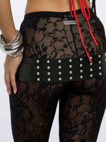 SUMWON WOMEN 蕾丝花边卡普里紧身裤夏季节日沙滩装中长款透明图案渔网裤晚装