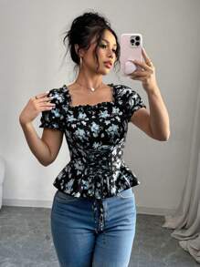 Chiquease Women's Ditsy Floral Square Collar Puff Sleeve Ruffled Tie Waist Shirt - Black - View 3