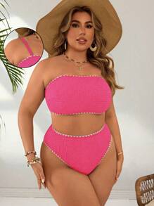 Swim Basics 2pcs/Set Plus Size Women Solid Color Spaghetti Strap Shell Trim Sexy High Waist Triangle Bikini Swimwear, Vacation Casual