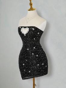 SHEIN ICON Simple Fashion Heart Shape Rhinestone Decor Tube Top Dress, Suitable For Summer - Black - View 3