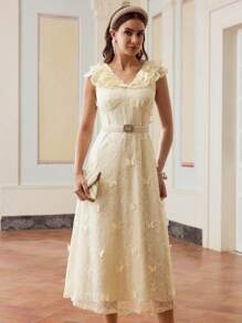 ZEYLAH Women's Elegant Solid Color 3D Lace Butterfly Decor Ruffle Hem Dress - Yellow - View 3