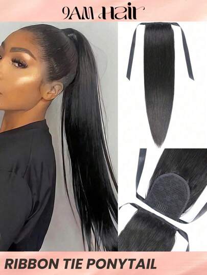 1 pieza Extensión de cabello humano natural negro con lazo para hacer una coleta recta, fácil de usar para uso diario de las mujeres