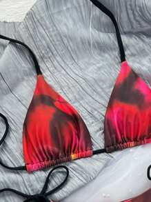 Swim Mod 2026 Spring/Summer New Random Red & Black Tie-Dye Print Spaghetti Strap Solid Lining Sexy Vacation Side Tie Thong Bikini 2-Piece Swimsuit For Women