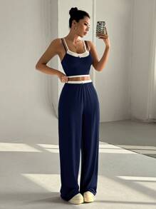 Flirla 2pcs/Set American Style Casual Sports Grey 2 In 1 Racerback Tank Top And Mid-Waist Floral Print Pants Set For Women, Summer