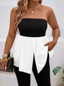 SHEIN Clasi Plus Size Women Contrast Color Strapless Top - Black and White - View 4