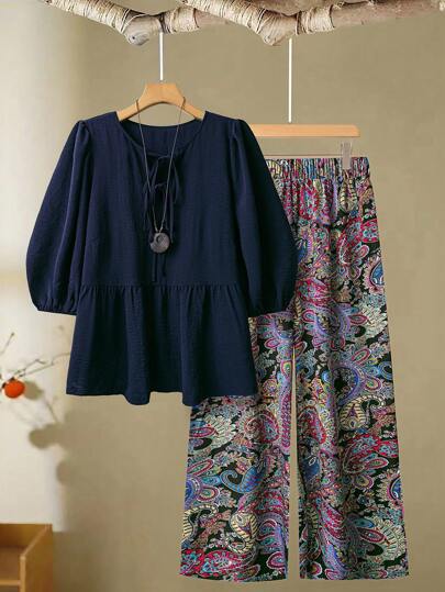 SHEIN LUNE CURVE Women Plus Size Boho Solid Knotted Front Blouse & Paisley Printed Pants Casual 2 Pieces Set