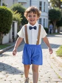 SHEIN 2Pcs/Set Young Boys Gentleman's Style Shirt Collar Bow Tie Decoration Versatile Solid Short Sleeve Top + Elastic Waist Straight Solid Outdoor Casual Shorts