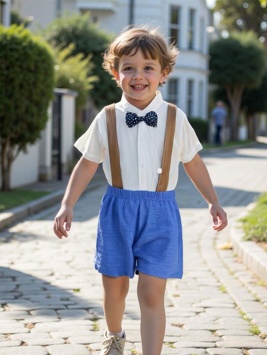 SHEIN 2Pcs/Set Young Boys Gentleman's Style Shirt Collar Bow Tie Decoration Versatile Solid Short Sleeve Top + Elastic Waist Straight Solid Outdoor Casual Shorts