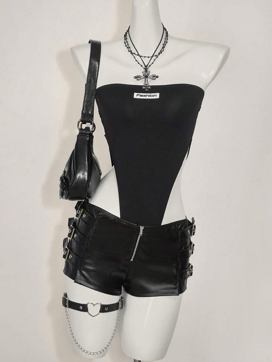 SHEIN ICON 女士字母装饰高腰无袖紧身衣 - 黑色 - 查看 1