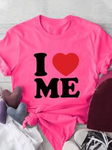 INAWLY Solva Plus Size Women Heart & Letter Print Short Sleeve T-Shirt, Casual Summer - Hot Pink - View 3