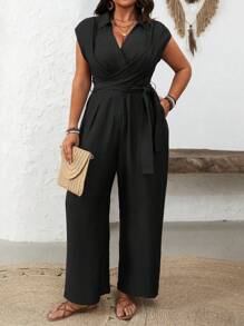 Calvaya Tuta elegante e casual da donna taglie forti, in stile francese, con colore unito, scollo a V, in vita arricciata, con tasche e gamba dritta ampia, adatta per primavera/estate