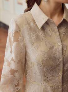 ZEYLAH Women's Lightweight Jacquard Lace Midi Shirt Dress, Romantic, Flowy, Elegant For Afternoon Tea