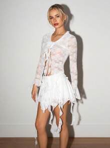 SHEIN ICON 2 件套蕾丝透视长袖上衣和低腰半身裙，带水母褶边套装，波西米亚风度假狂欢装，优雅度假装，女士休闲婚礼宾客装 - 白色 - 查看 5