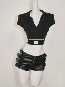 SHEIN ICON Camiseta corta de manga corta sencilla y casual con patchwork