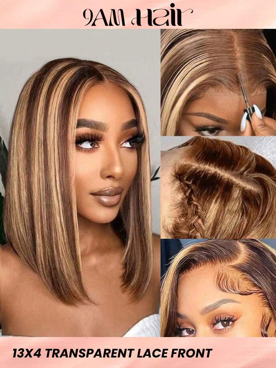 Transparent Lace Straight 13 X 4 Lace Front Wig 150% Density Short Human Hair Wigs Highlight Color  High Temperature For Women Highlight Color